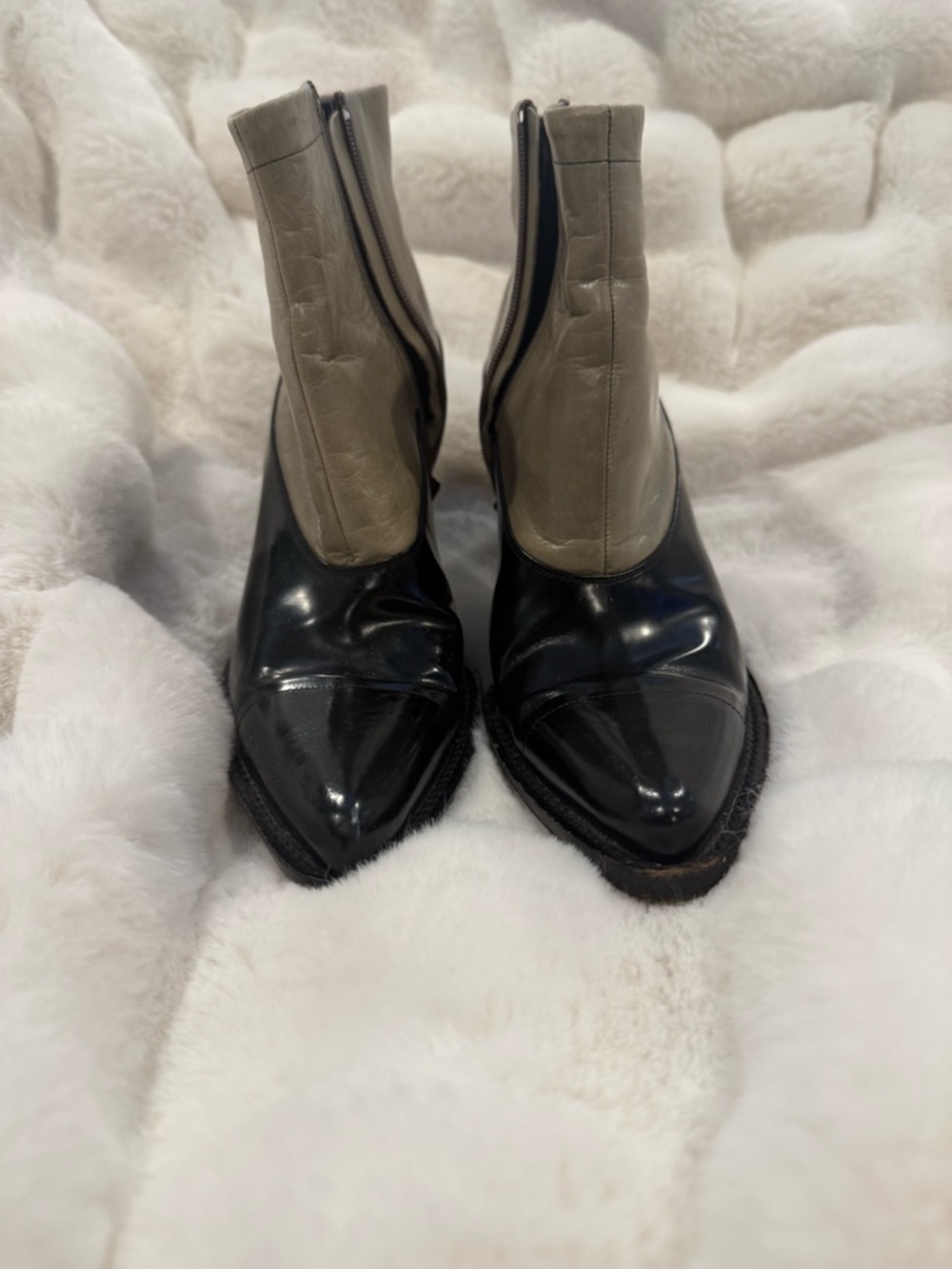 Prada Two-Tone Black and Taupe Pointed Ankle Boots